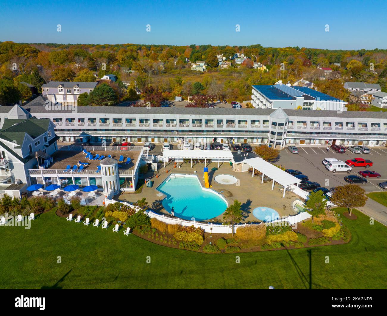 Aerial view of Anchorage Inn at Long Sands Beach in fall in village of