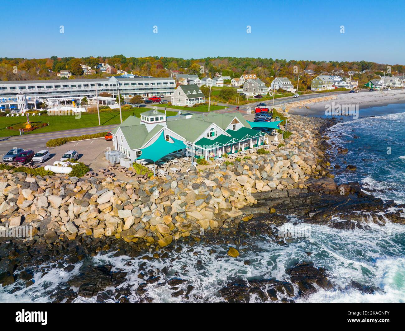 Long Sands Beach aerial view in fall in village of York Beach in town