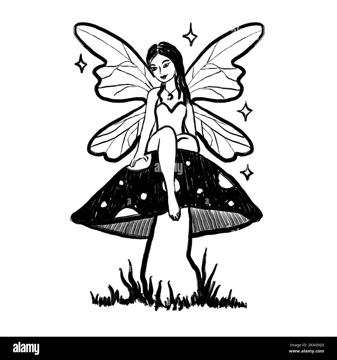 Cute fairy sitting on mushroom, white glitter wings, folklore character elf, fairytale amanita poisonous magic fungi. Black white monocrome ink sketch illustration, minimalist drawing with simple brush strokes Stock Photo