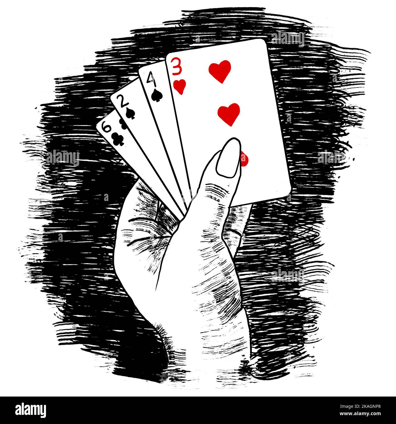 Woman hand with cards playing poker, bad low cards bluff, lose game