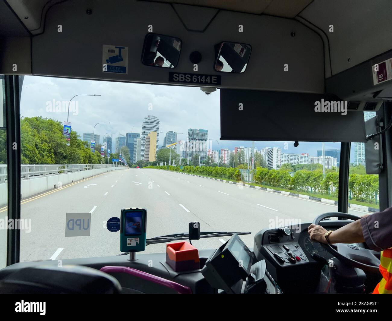Perspective of a bus captain view point when he is driving on the road. Singapore, Southeast Asia Stock Photo