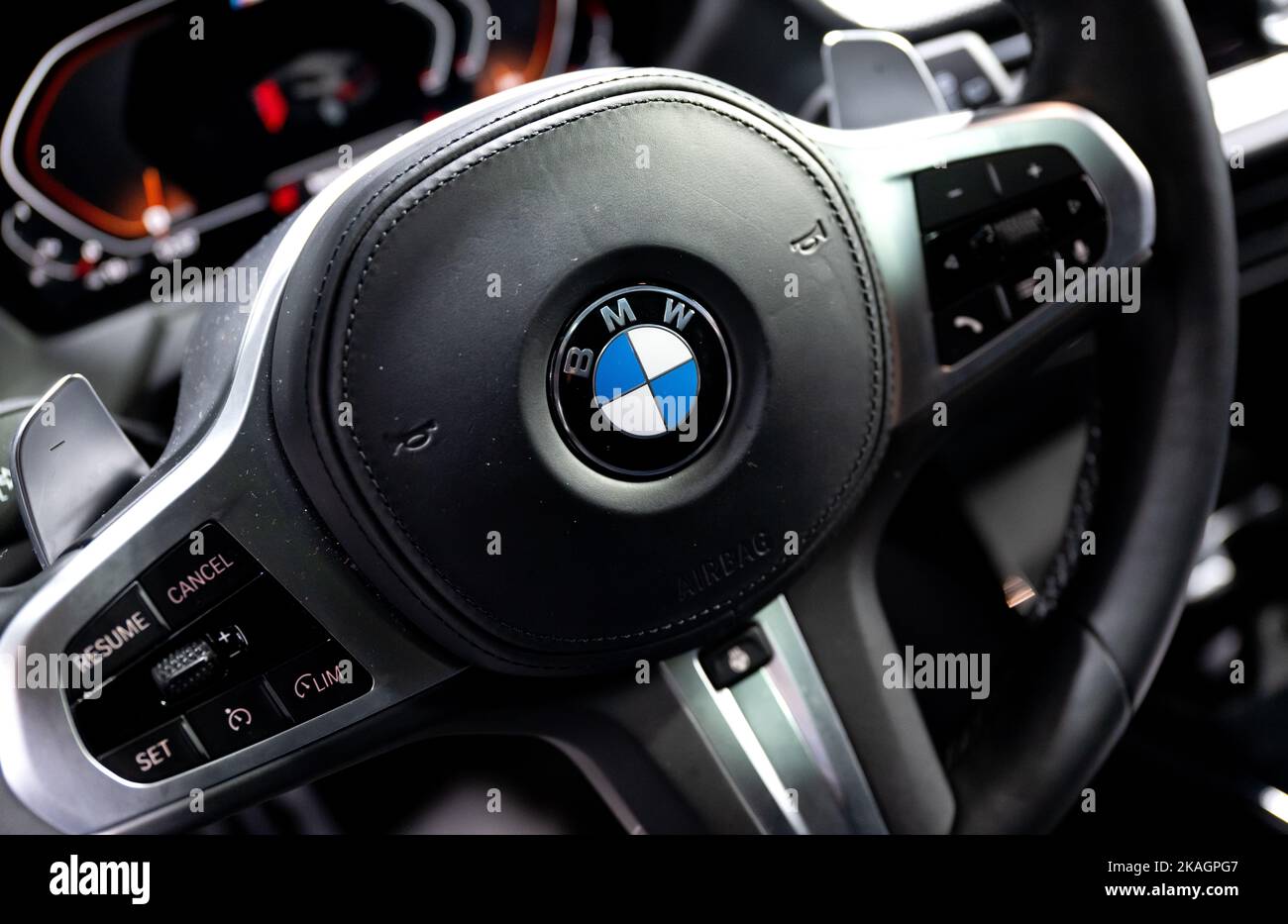 Munich, Germany. 02nd Nov, 2022. BMW logo is seen on a steering wheel ...