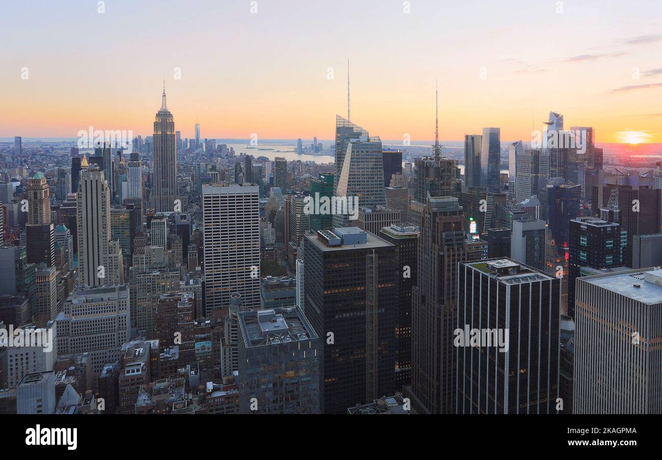 New York City skyline at sunset, USA Stock Photo