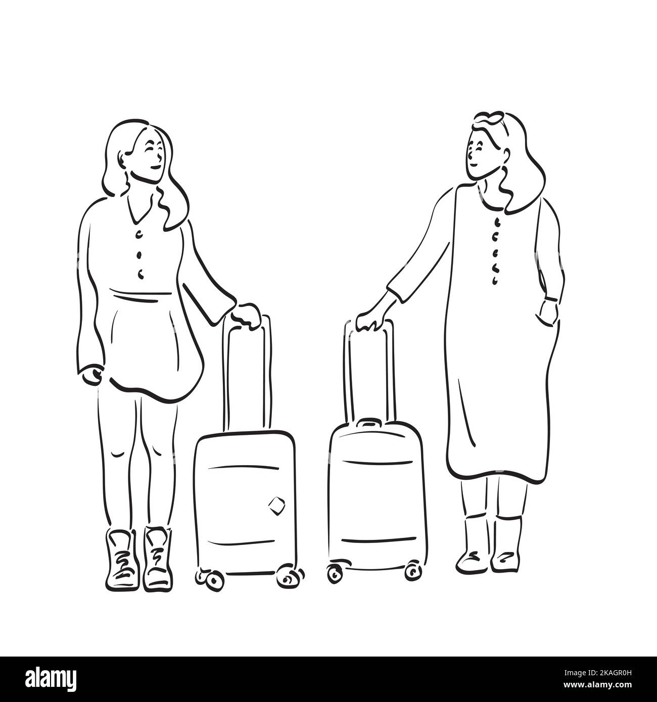 two women with suitcases illustration vector hand drawn isolated on