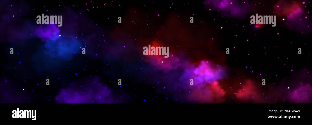 Nebula, twinkle, stardust in galaxy, space background with stars and colorful clouds. , Deep cosmos, night sky with blue and purple gas accumulations in cosmic world, Realistic 3d vector illustration Stock Vector