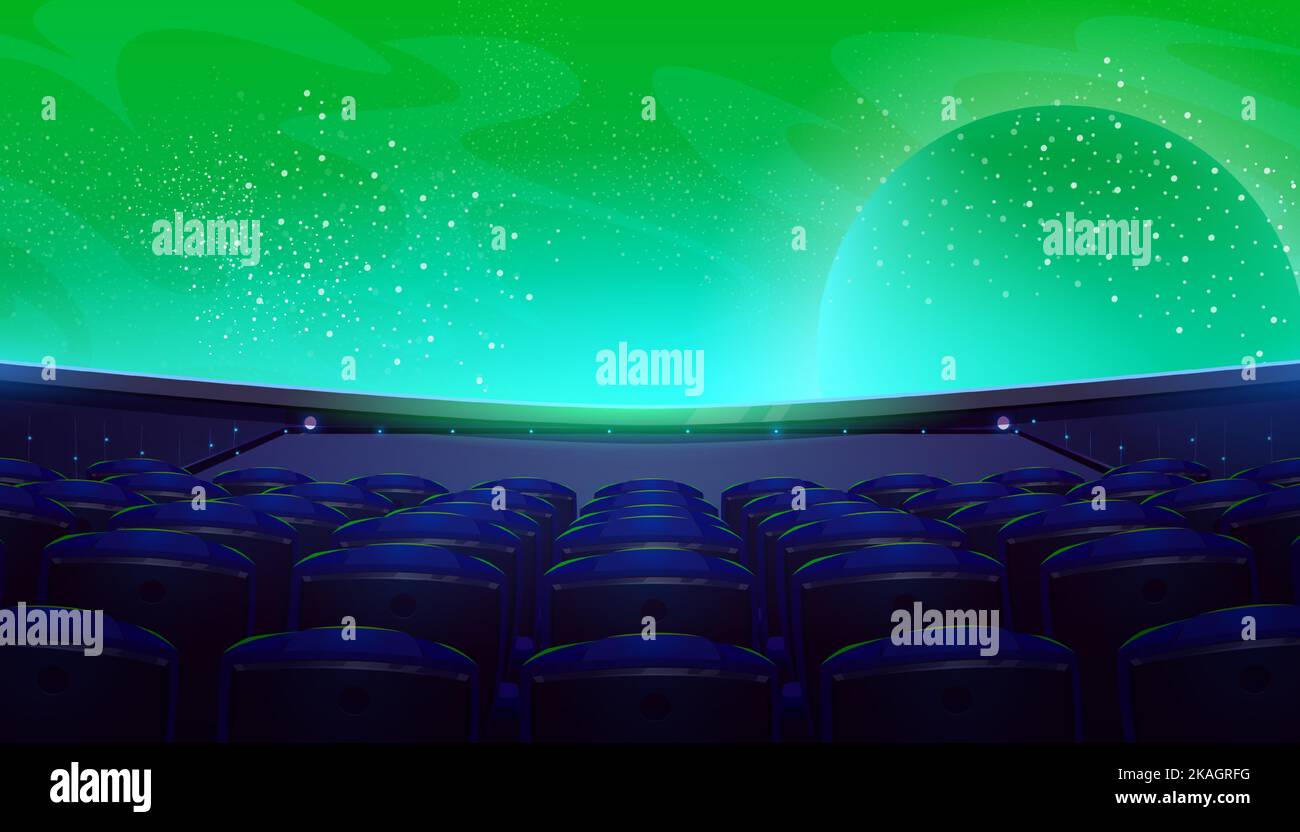 Movie theater, dark cinema hall with wide screen and seats rear view. Empty interior with space galaxy and planet in green starry sky on screen, chair backs in darkness, Cartoon vector illustration Stock Vector