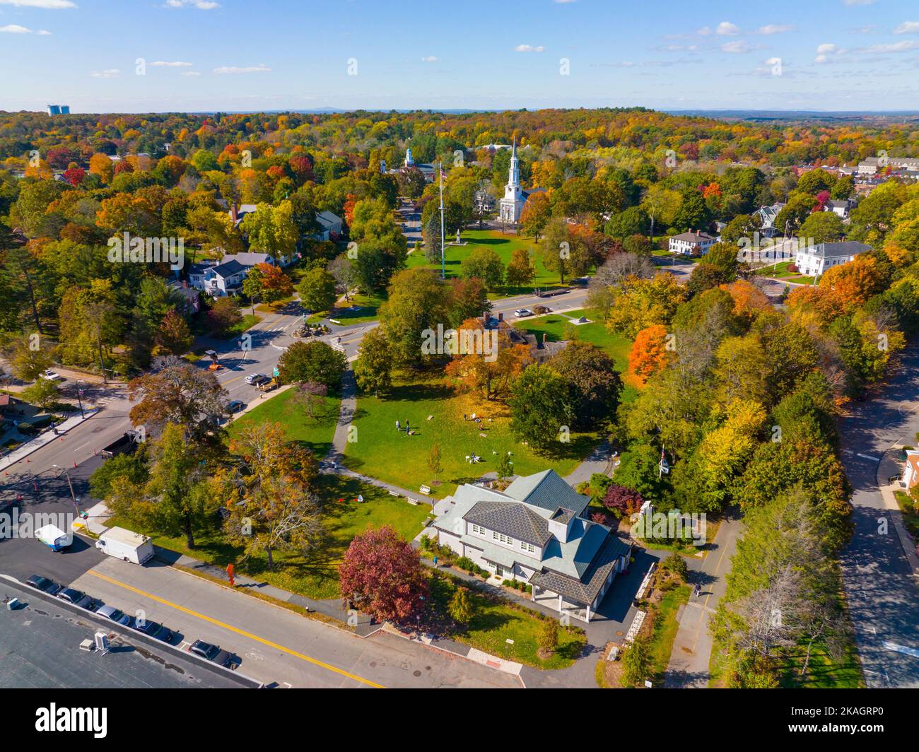 Lexington town center aerial view in fall including Visitor Center