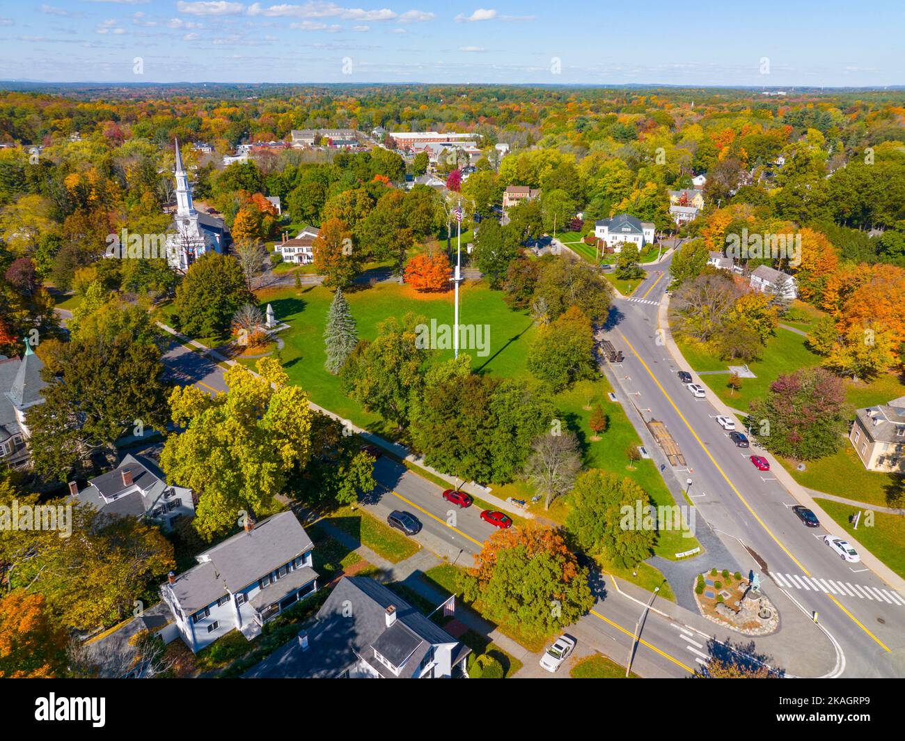 Lexington town center aerial view in fall on Lexington Common and First