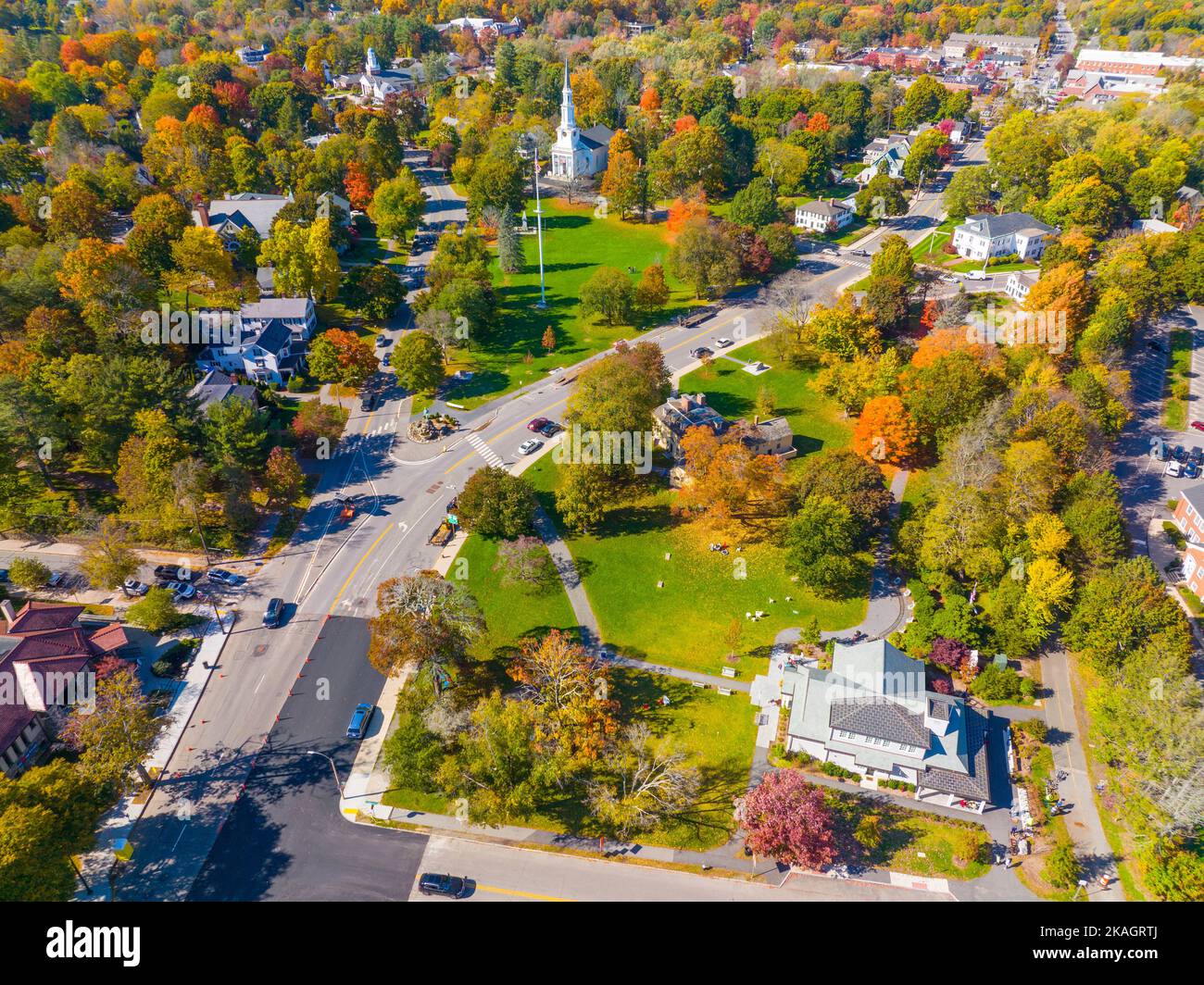 Lexington town center aerial view in fall including Visitor Center