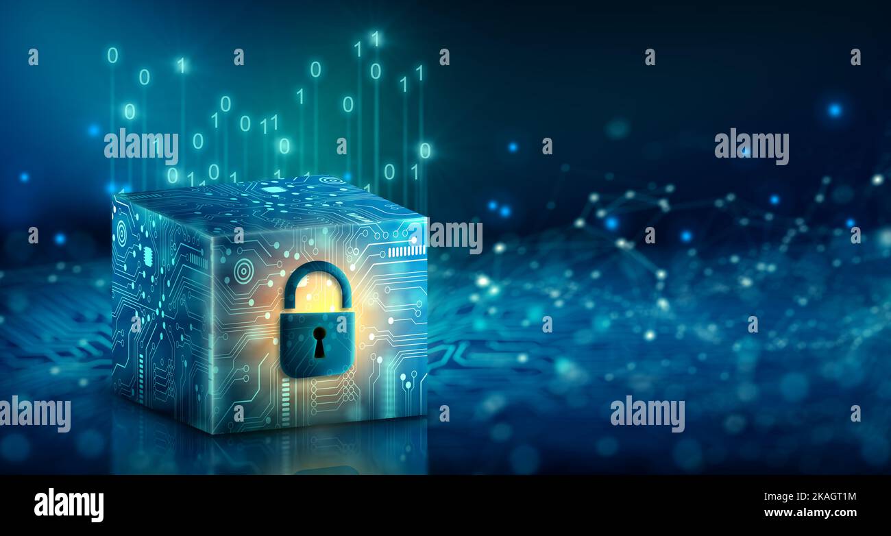 Cube technology on Converging point of circuit with padlock. Blockchain