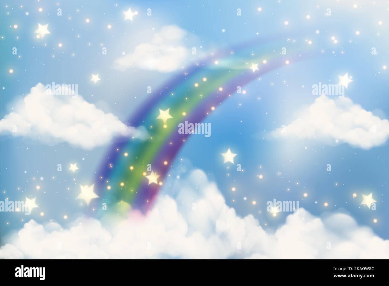 Rainbow and clouds on gradient background. Fantasy sky with stars. Unicorn abstract backdrop. Cute watercolor vector illustration. Stock Vector