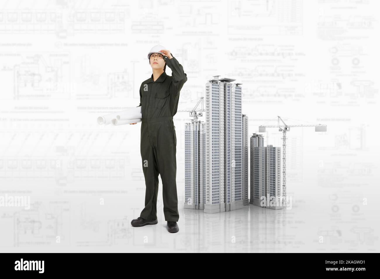 Architect and city apartment construction site and blueprint background