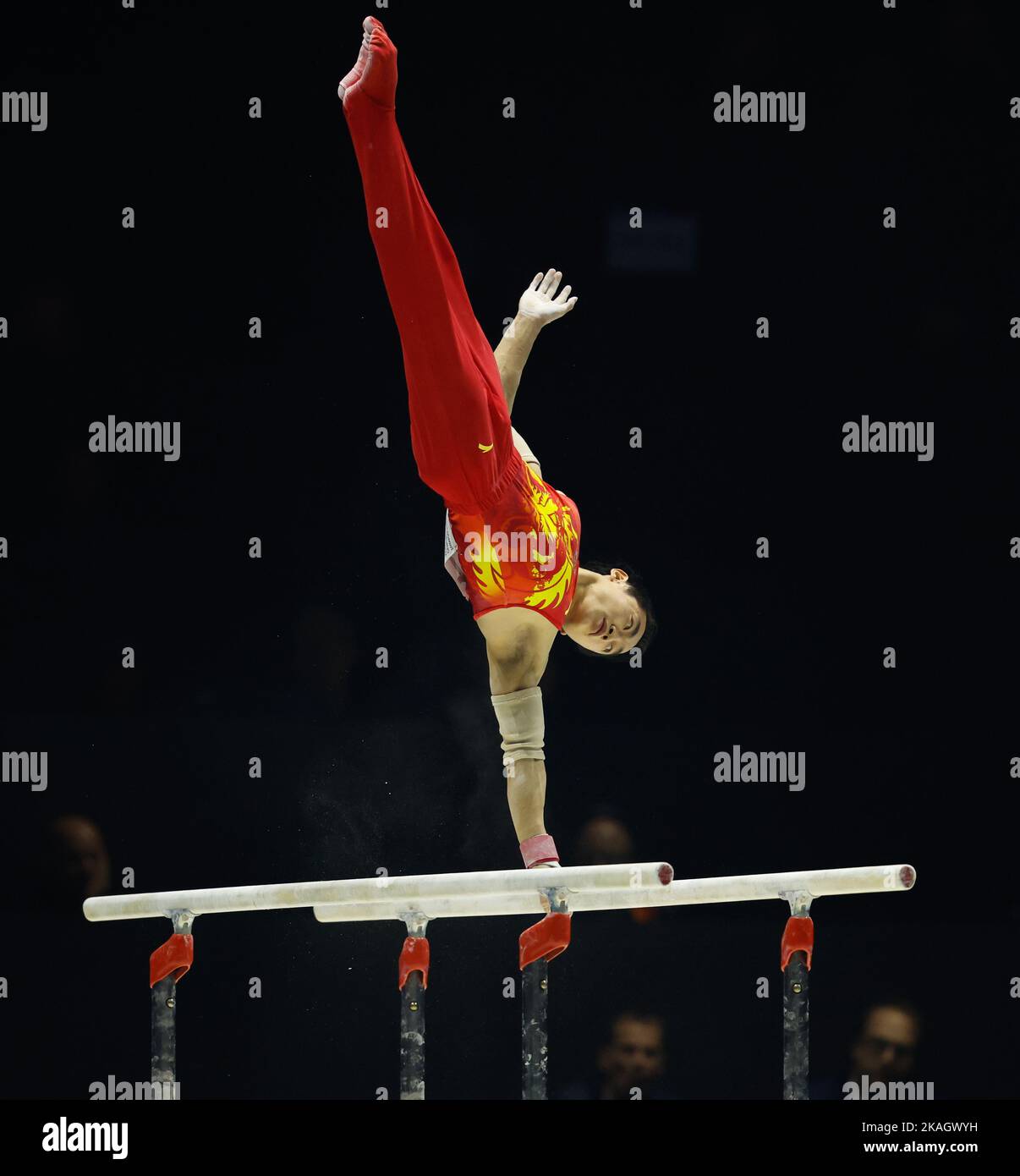 Liverpool, UK. 2nd November 2022,  M&amp;S Bank Arena, Liverpool, England; 2022 World Artistic Gymnastics Championships; Men's Team Final Parallel Bars -  Jingyuan Zou (CHN) Tokyo 2020 Olympic parallel bars champion Credit: Action Plus Sports Images/Alamy Live News Stock Photo