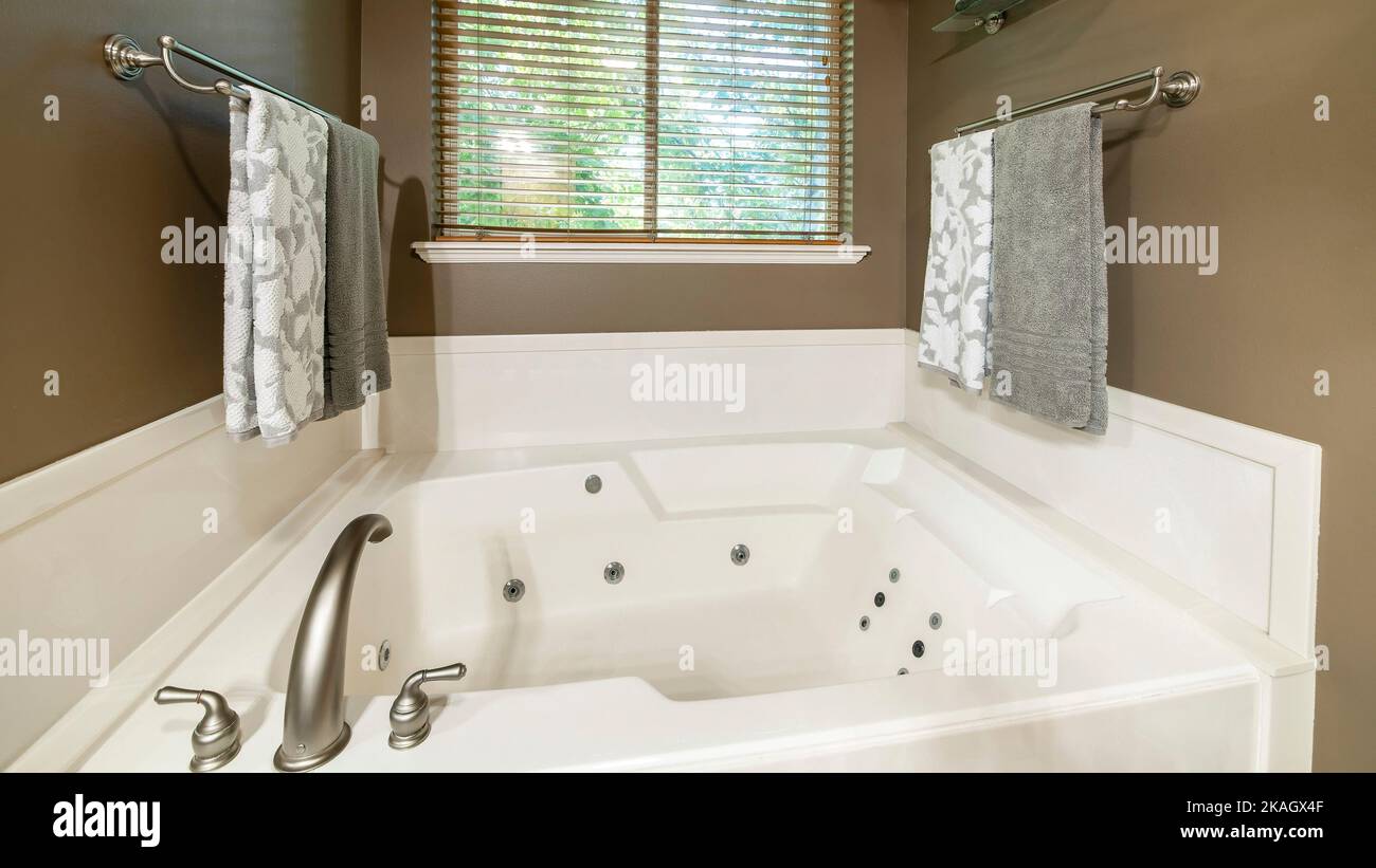 Panorama Alcove bathtub with deck mounted faucet near the window