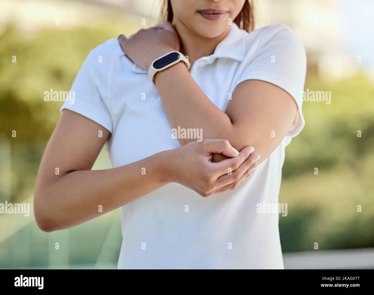 Tennis elbow, sports and a woman with injury, fitness and training game