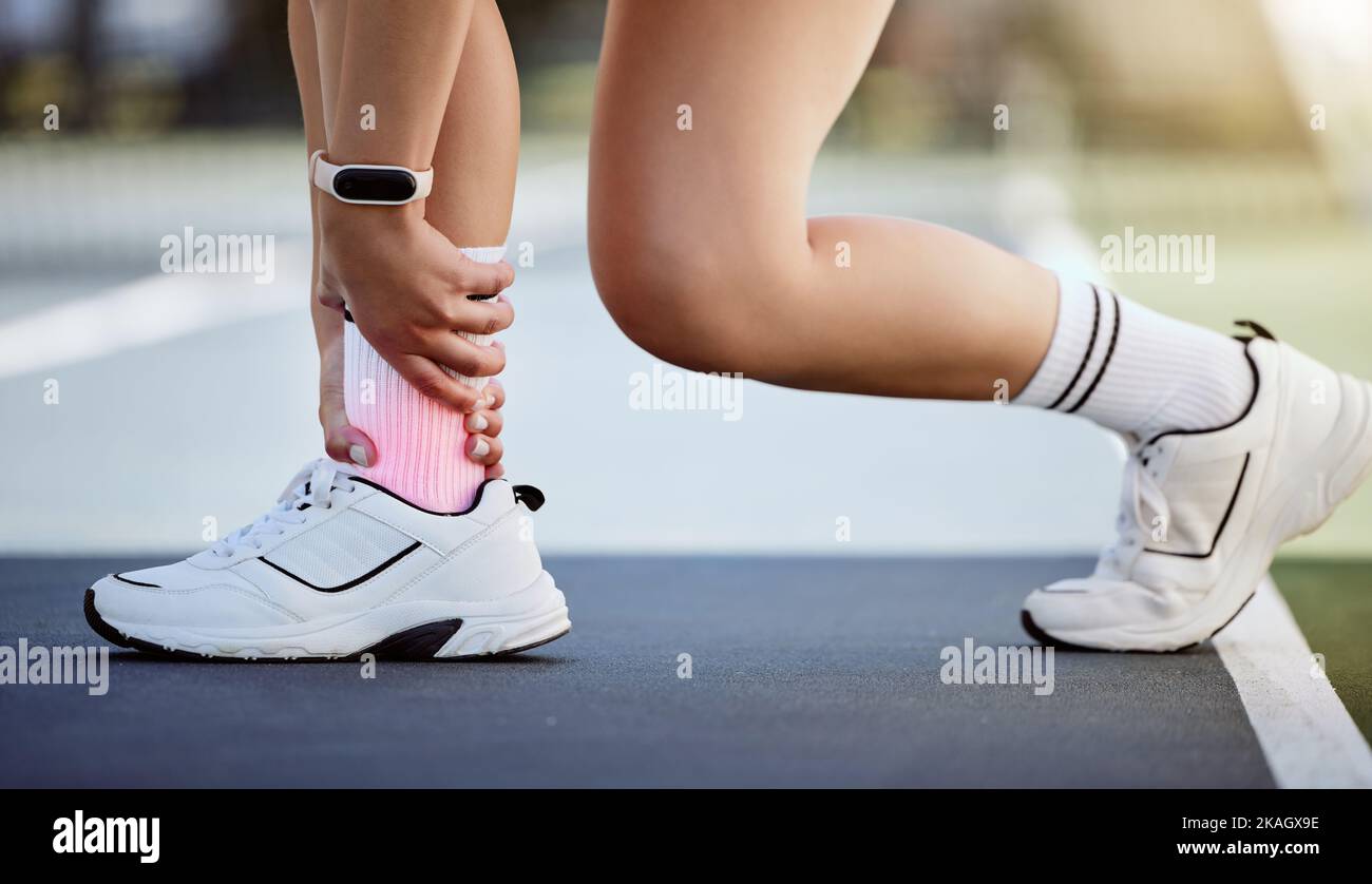 Woman, ankle pain and fitness injury during healthy fitness workout or sport lifestyle training in park. Medical emergency, running accident and girl Stock Photo