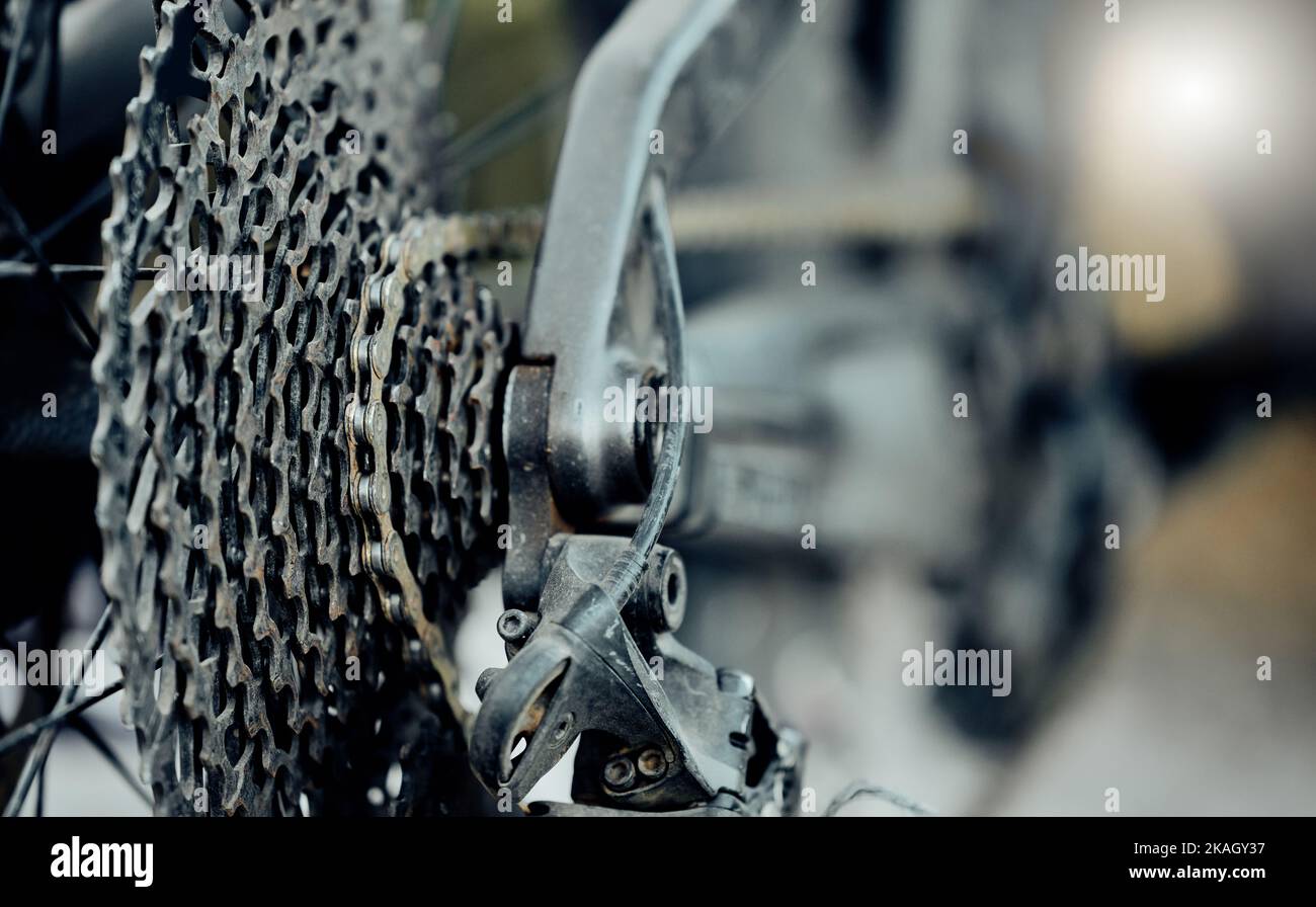 Cycling speed, bicycle gears and chain, cycle speed mechanic wheels of metal, iron or steel closeup. Mountain bike back wheel, extreme sports and Stock Photo