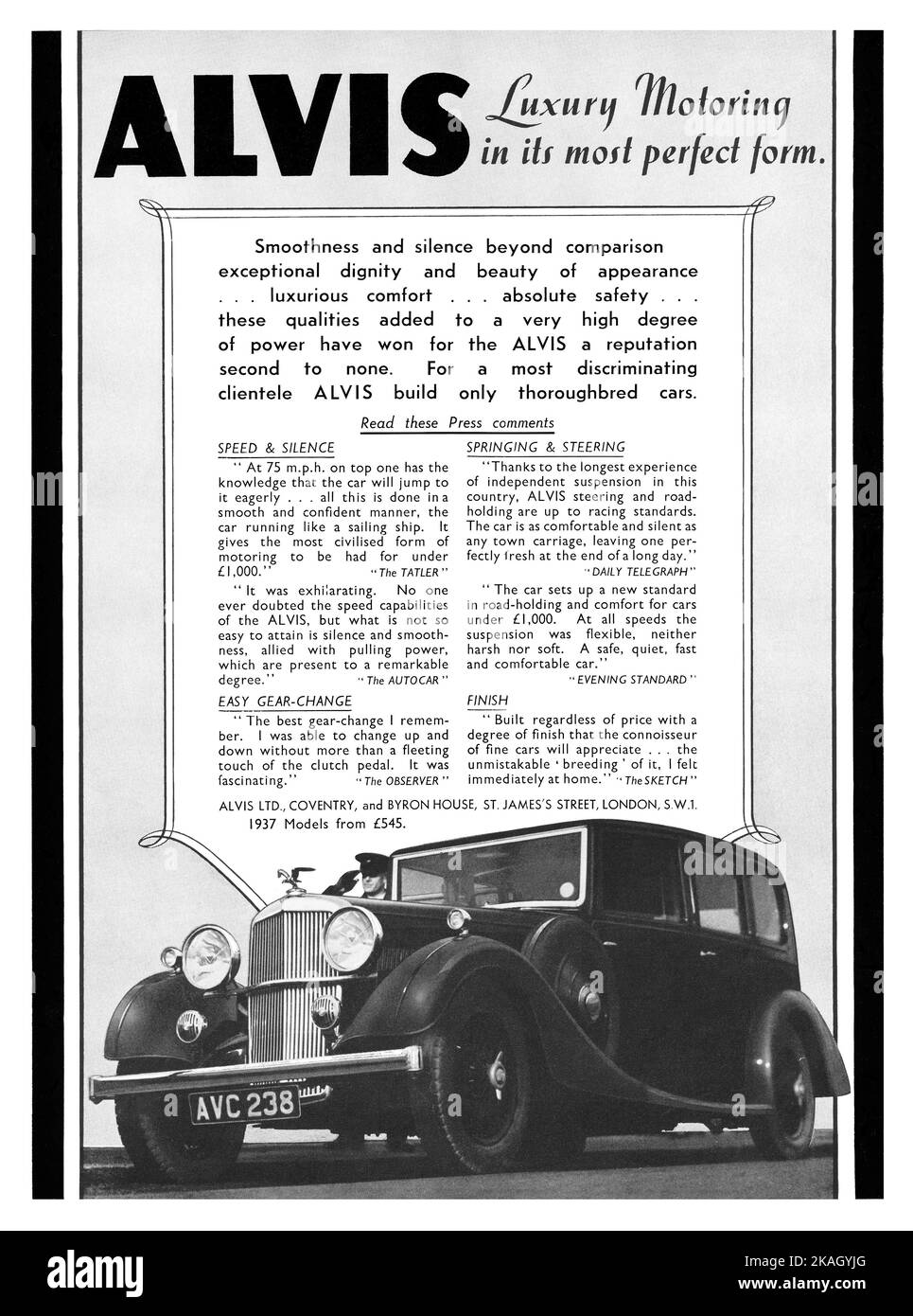 1937 British advertisement for Alvis motor cars. Stock Photo