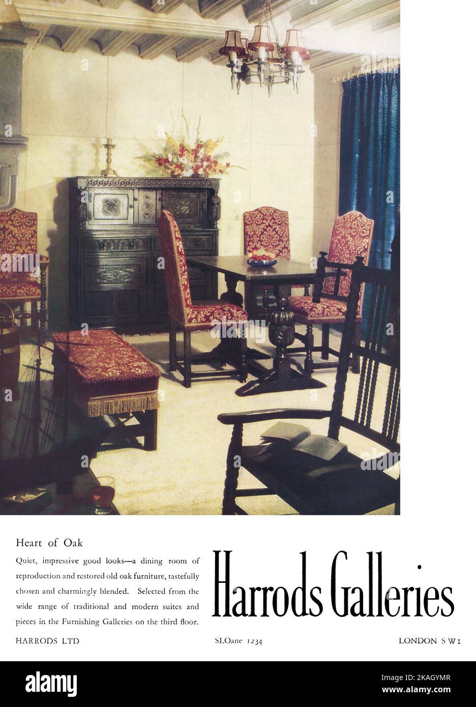 1950 British advertisement for Harrods furniture department. Stock Photo