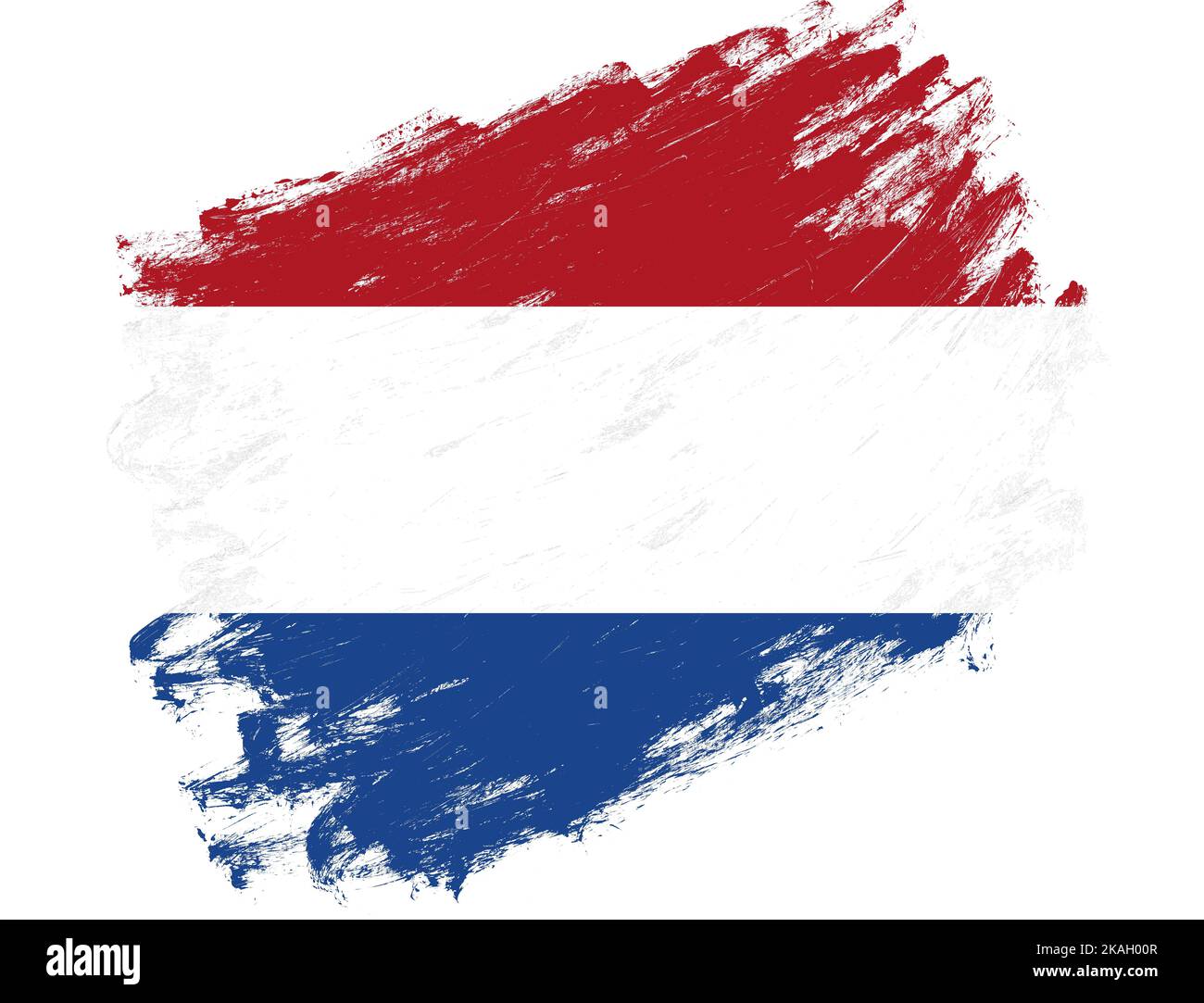 Netherlands flag painted on a grunge brush stroke white background ...
