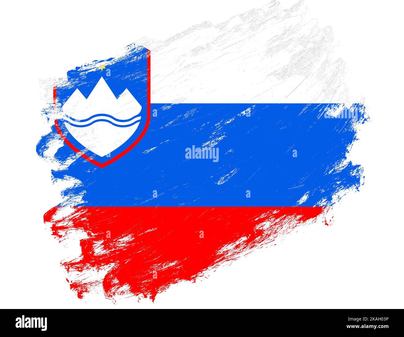 Slovenia flag painted on a grunge brush stroke white background Stock ...