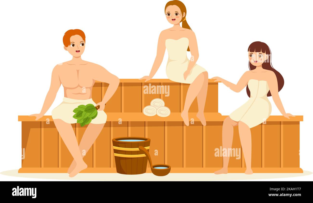 Sauna and Steam Room with People Relax, Washing Their Bodies, Steam or Enjoying Time in Flat Cartoon Hand Drawn Templates Illustration Stock Vector