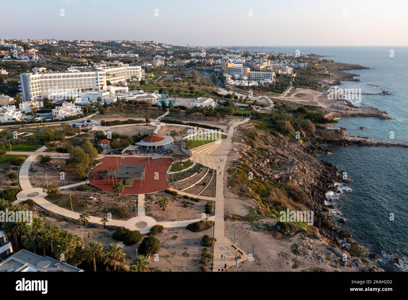 Aerial view of the Baracas Lounge and Leonardo Laura Beach & Splash Resort, Chloraka, Paphos, Cyprus Stock Photo