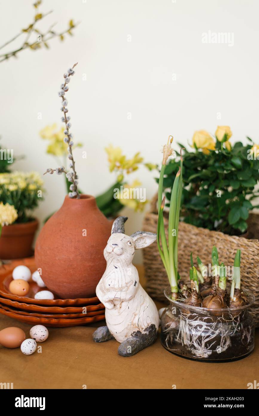 Easter Holiday Decor Daffodils And Hyacinths In A Pot Eggs And A 