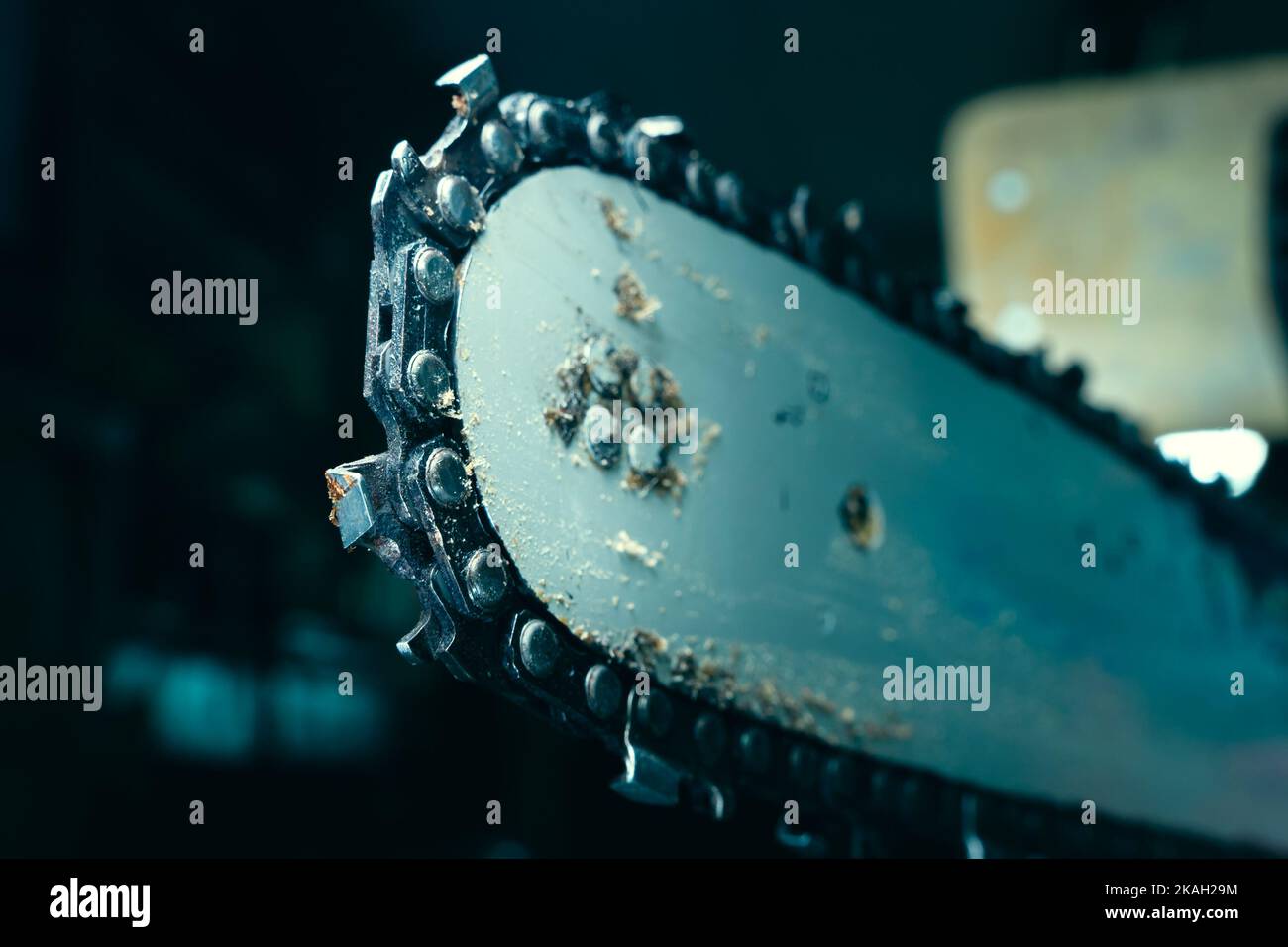 Chainsaw chain on the tire closeup. Saw teeth for cutting wood on a