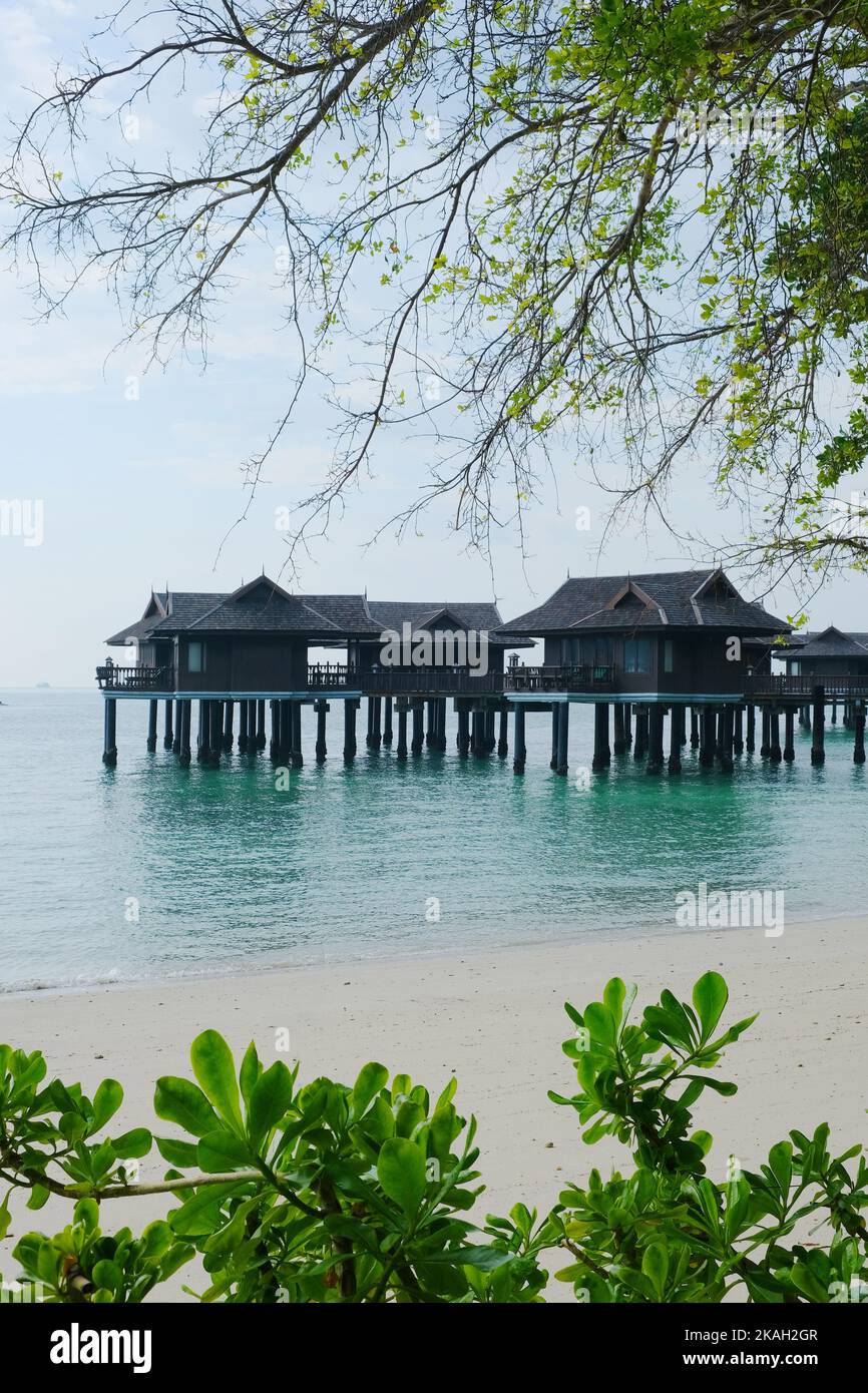 Beautiful stilt spa villa house at Pangkor laut resort. Pangkor Laut is a privately owned island located three miles off the West Coast of Malaysia. Stock Photo
