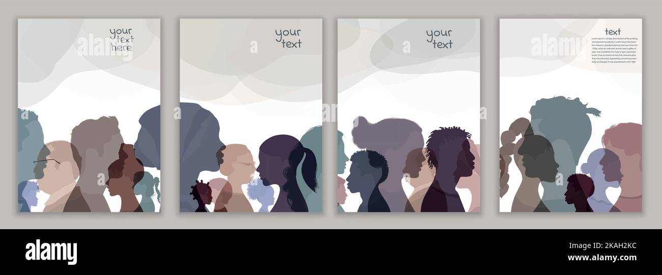 Psychology and psychiatry concept. Silhouette heads faces in profile of multicultural people.Psychological therapy.Patients under treatment. Banner Stock Vector