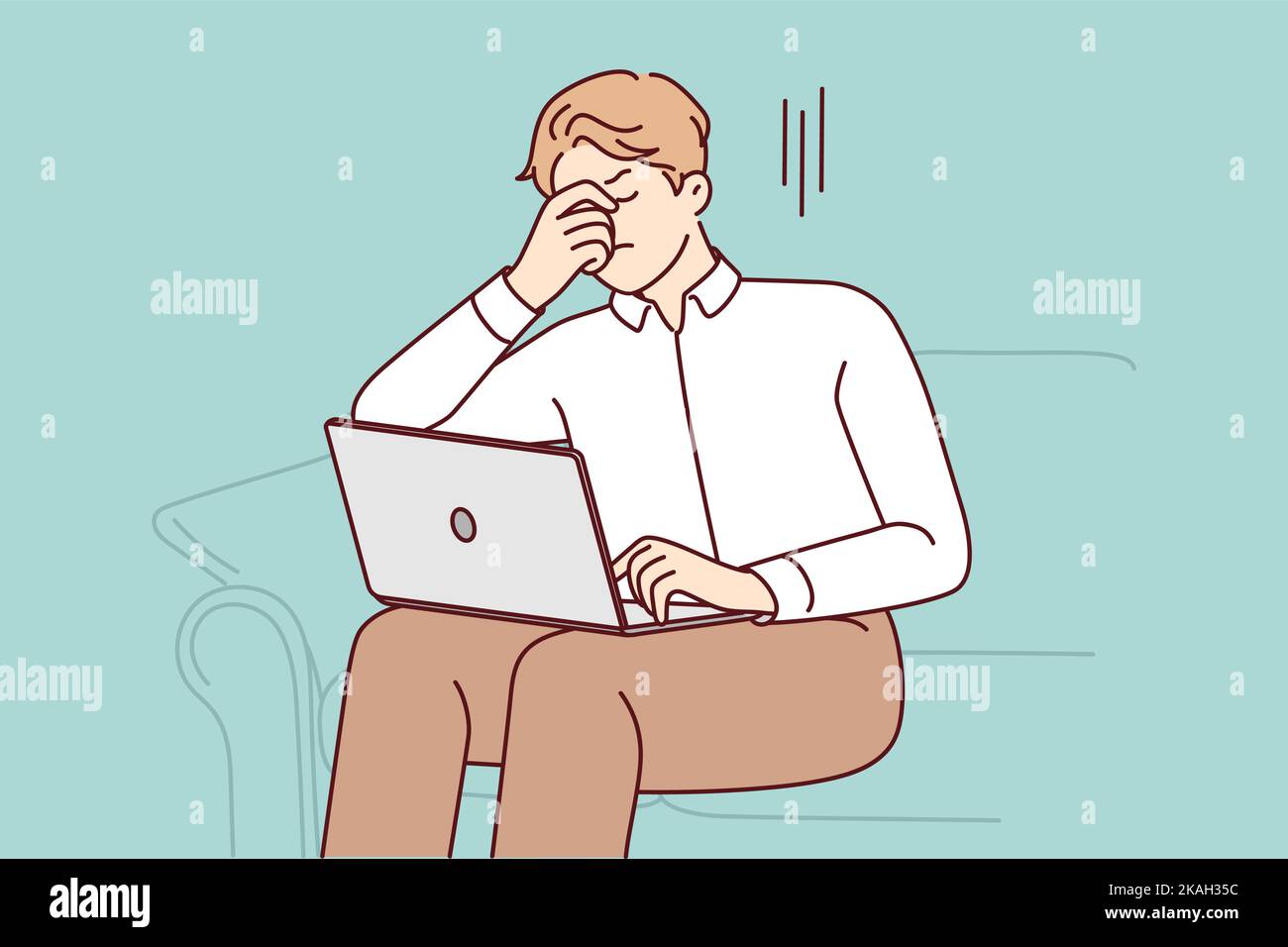 Unhealthy man sit on sofa work on computer suffer from headache. Unwell tired male with laptop struggle with overwork or health problems. Vector illustration.  Stock Vector
