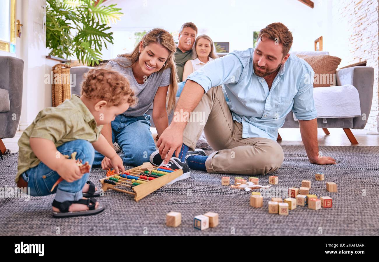 Parents, learning and child playing with toys for education and