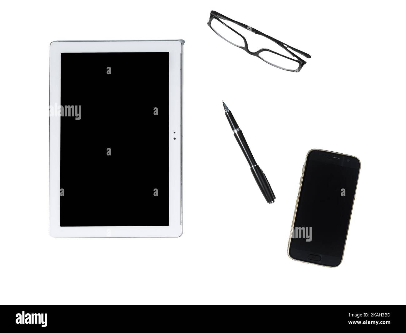 A tablet, a mobile phone and a pair of glasses on a transparent background Stock Photo