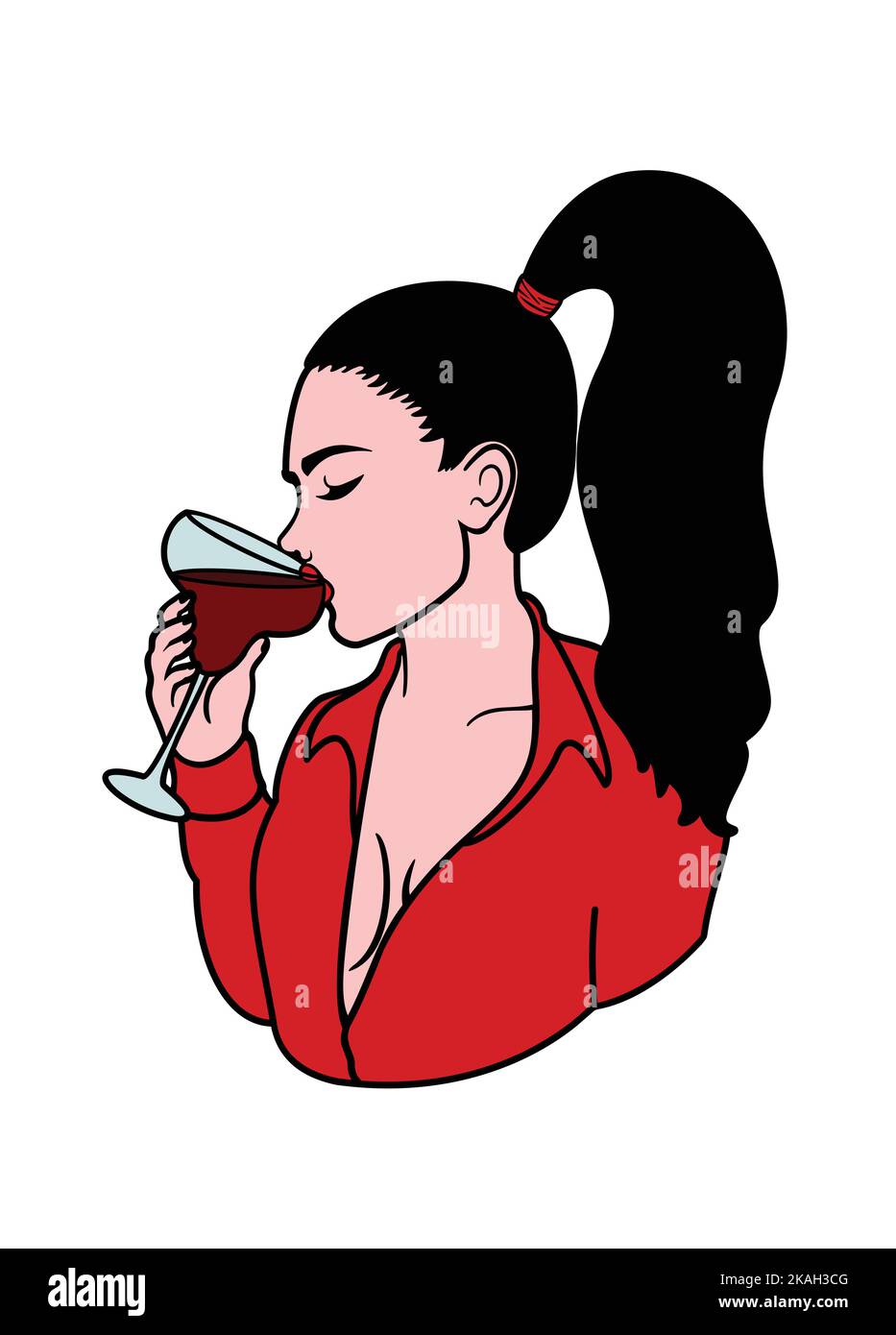 Woman drinking red wine. Stock Vector