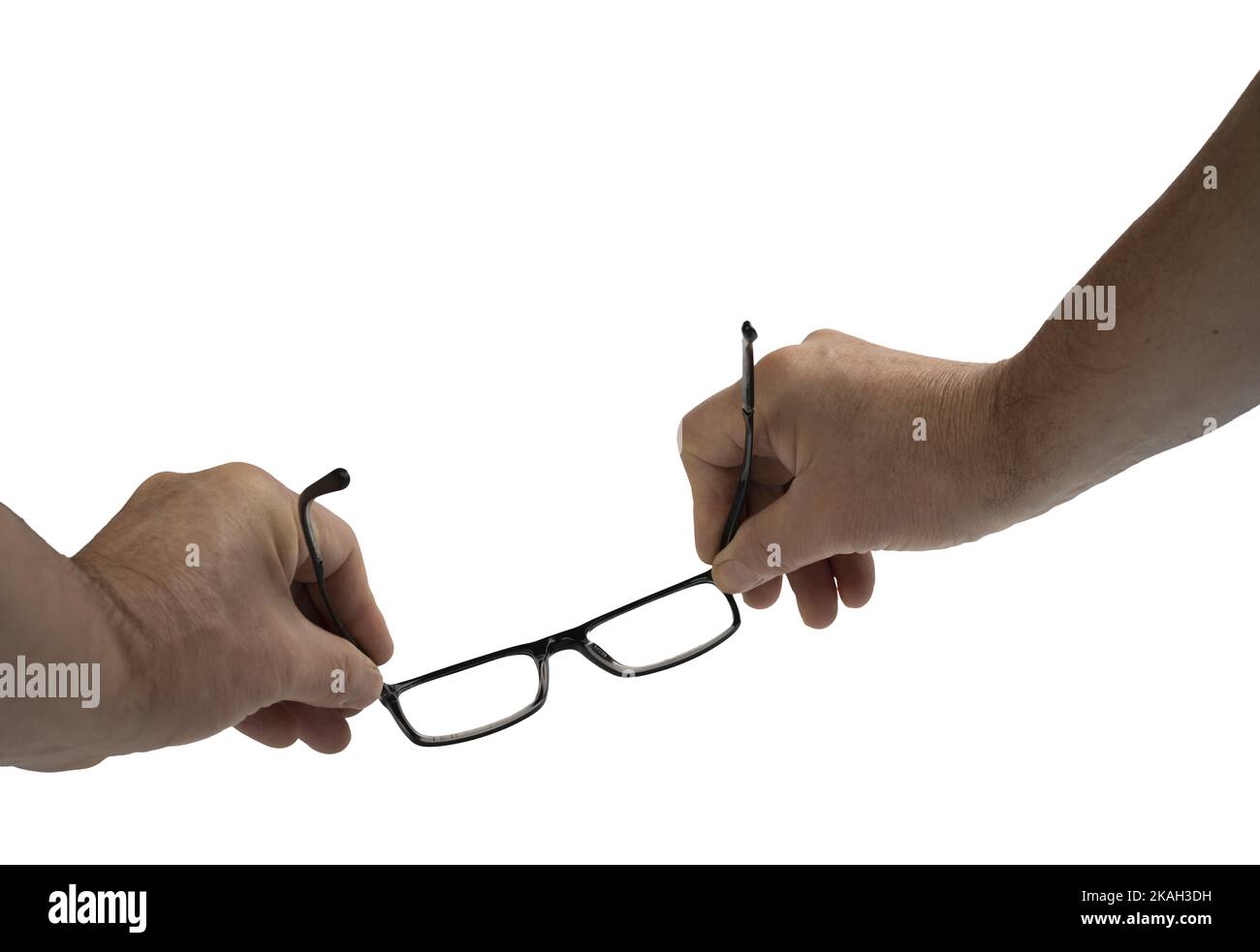 eyeglasses in the hands of a man on a transparent background Stock Photo