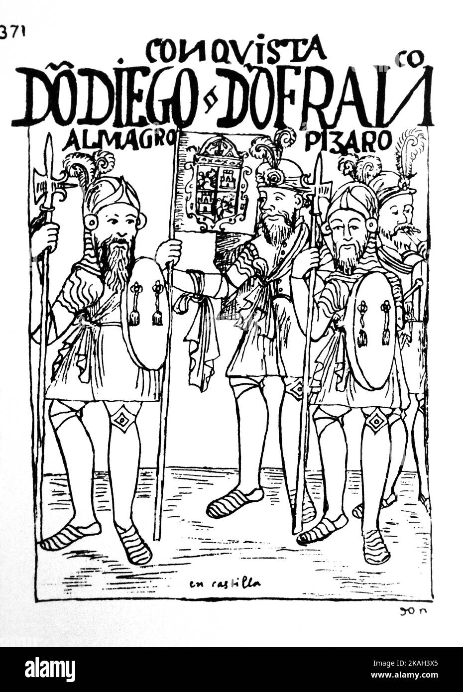 371.The Conquistadores Don Diego de Almagro and Don Francisco Pizarro.by Felipe Guamán Poma de Ayala (1535- 1616).Guamán Poma tells the story how spain built the most extensive colonial empire in the 'New World'' and conquest from an Andean perspective,in particular the ill-treatment of the natives of the Andes by the Spaniards,called the Nueva corónica y buen gobierno. Stock Photo