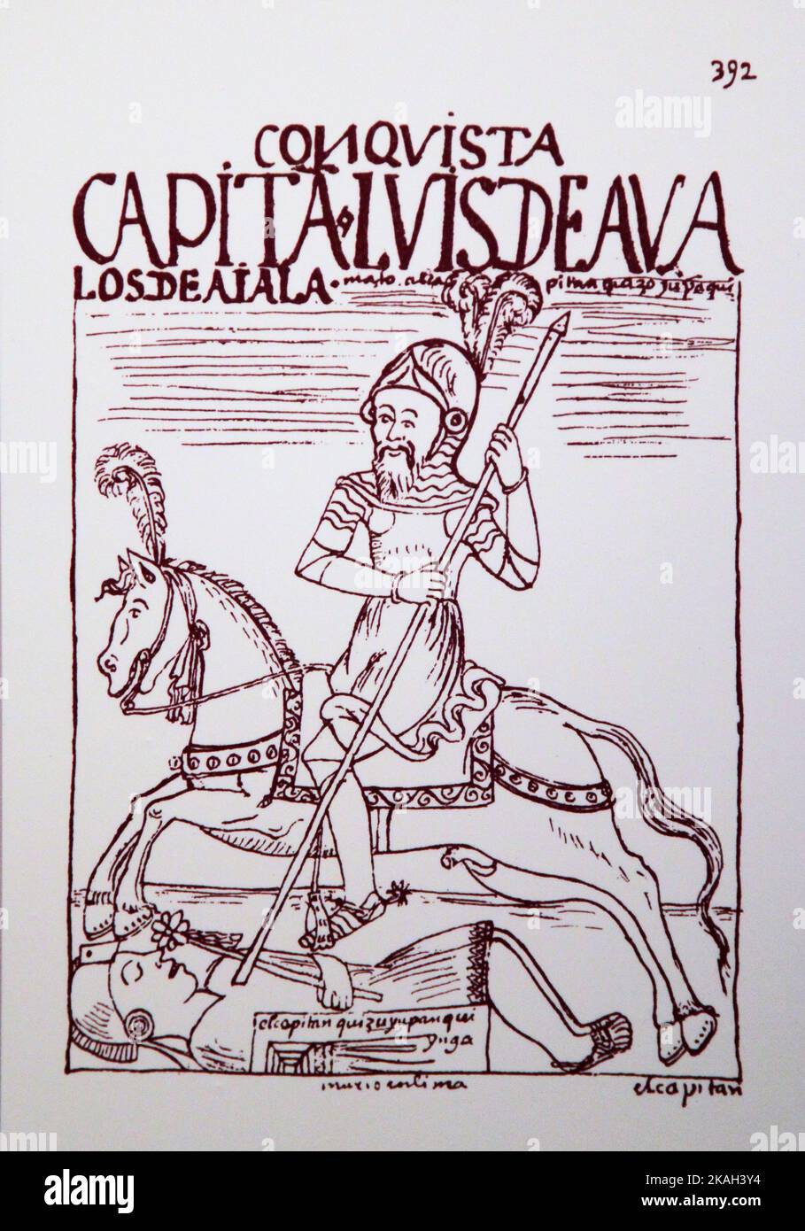 392.Captain Luis de Ávalos de Ayala kills Quizo Yupanqui Inca in the conquest of Lima.by Felipe Guamán Poma de Ayala (1535- 1616).Guamán Poma tells the story how spain built the most extensive colonial empire in the 'New World'' and conquest from an Andean perspective,in particular the ill-treatment of the natives of the Andes by the Spaniards,called the Nueva corónica y buen gobierno. Stock Photo
