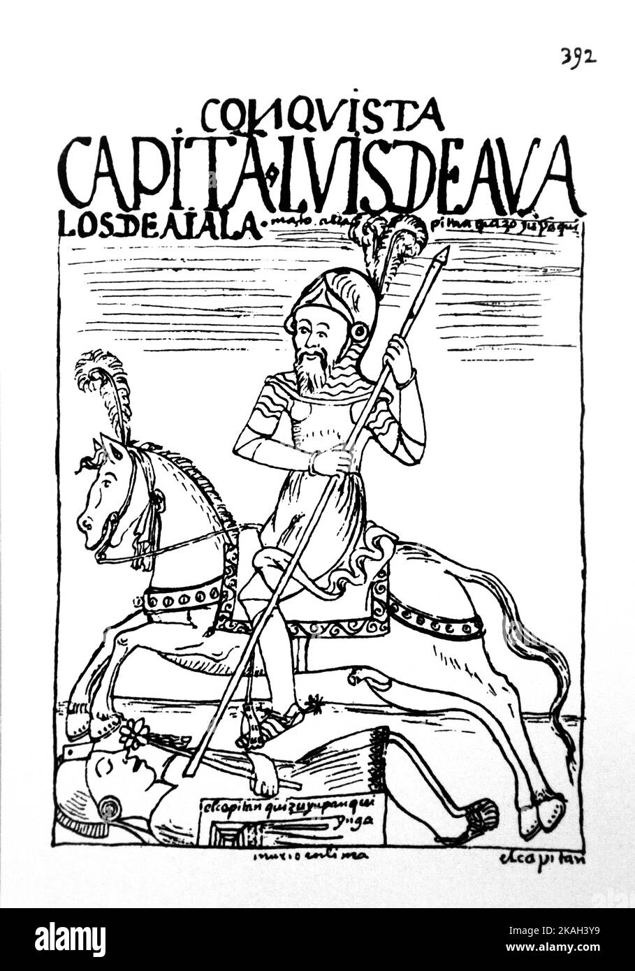 392.Captain Luis de Ávalos de Ayala kills Quizo Yupanqui Inca in the conquest of Lima.by Felipe Guamán Poma de Ayala (1535- 1616) Stock Photo