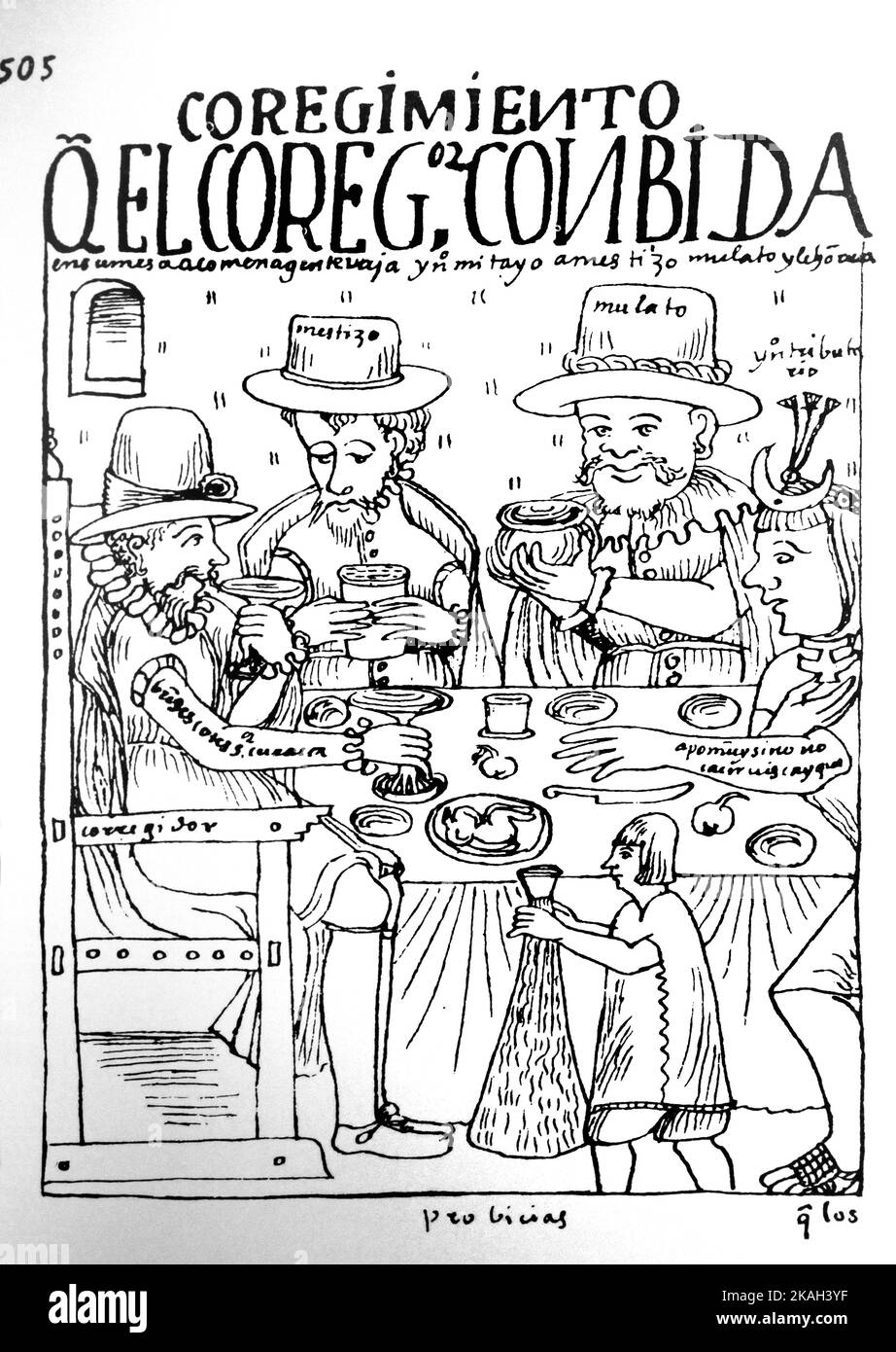 505.The royal administrator and his low-status dinner guests;the mestizo,the mulatto,and the tributary Indian.by Felipe Guamán Poma de Ayala (1535- 1616) Guamán Poma tells the story how spain built the most extensive colonial empire in the 'New World'' and conquest from an Andean perspective,in particular the ill-treatment of the natives of the Andes by the Spaniards,called the Nueva corónica y buen gobierno. Stock Photo