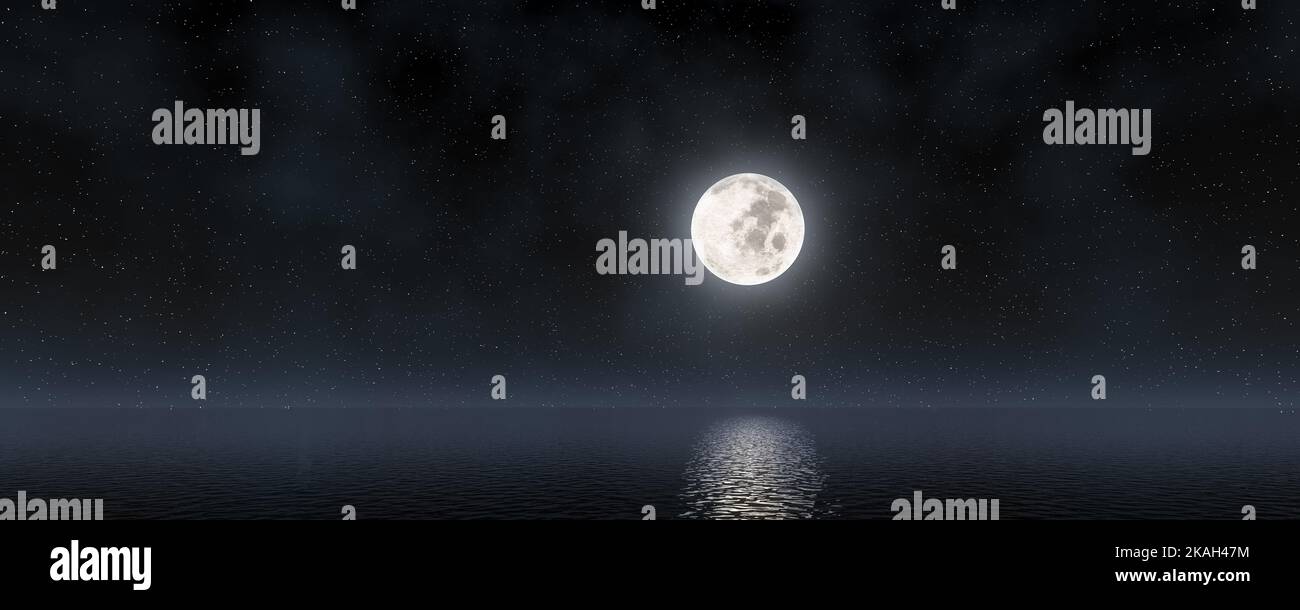 Full moon rising over empty ocean at night. romantic and scenic panorama with full moon on sea to night. Full moon over seascape and horizon. copy spa Stock Photo