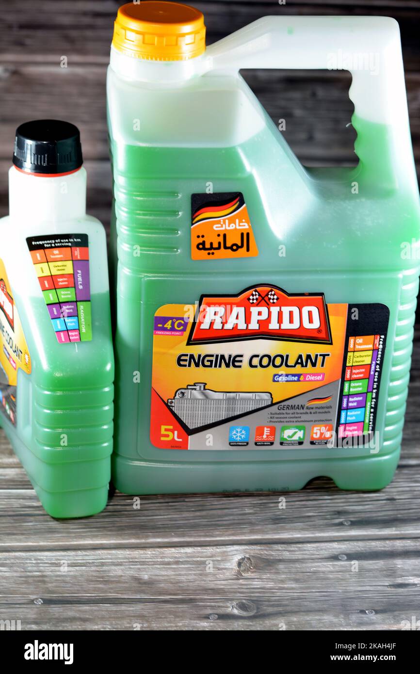 Cairo, Egypt, September 14 2022: Rapido Engine Coolant - 5 Litre, non-foaming and protects parts from corrosion for durability, formulated to provide Stock Photo