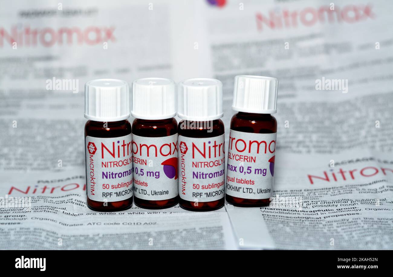 Cairo, Egypt, September 13 2022: Nitromax sublingual tablets 0,5 mg with active substance nitroglycerin that is used for cupping and short-term prophy Stock Photo