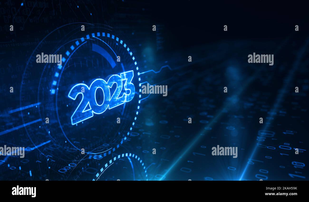 2023 year futuristic new neon symbol digital concept. Network, cyber ...