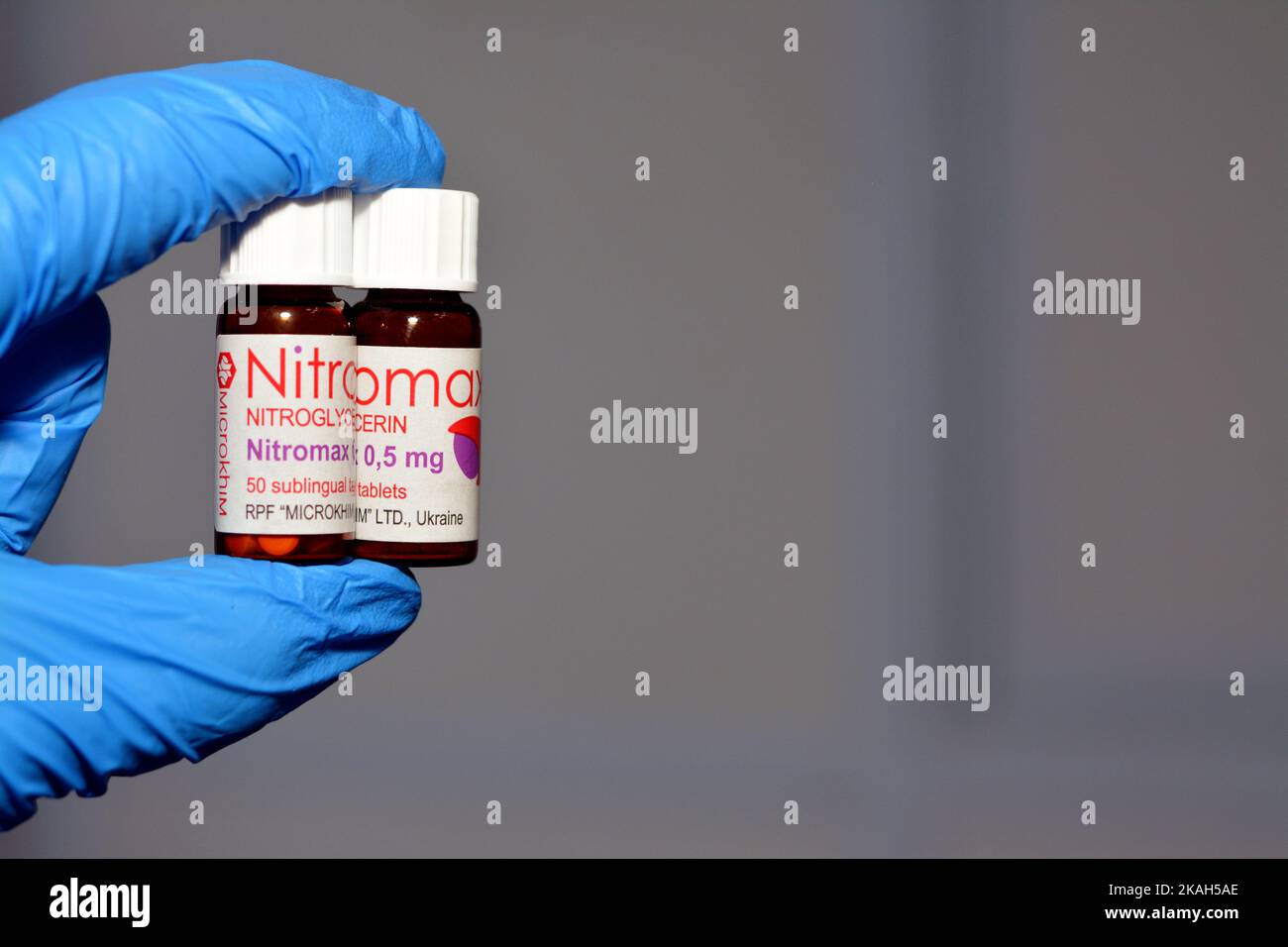 Cairo, Egypt, September 13 2022: Nitromax sublingual tablets 0,5 mg with active substance nitroglycerin that is used for cupping and short-term prophy Stock Photo