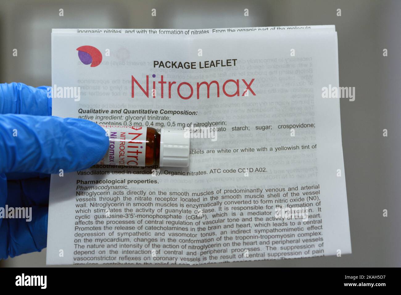 Cairo, Egypt, September 13 2022: Nitromax sublingual tablets 0,5 mg with active substance nitroglycerin that is used for cupping and short-term prophy Stock Photo