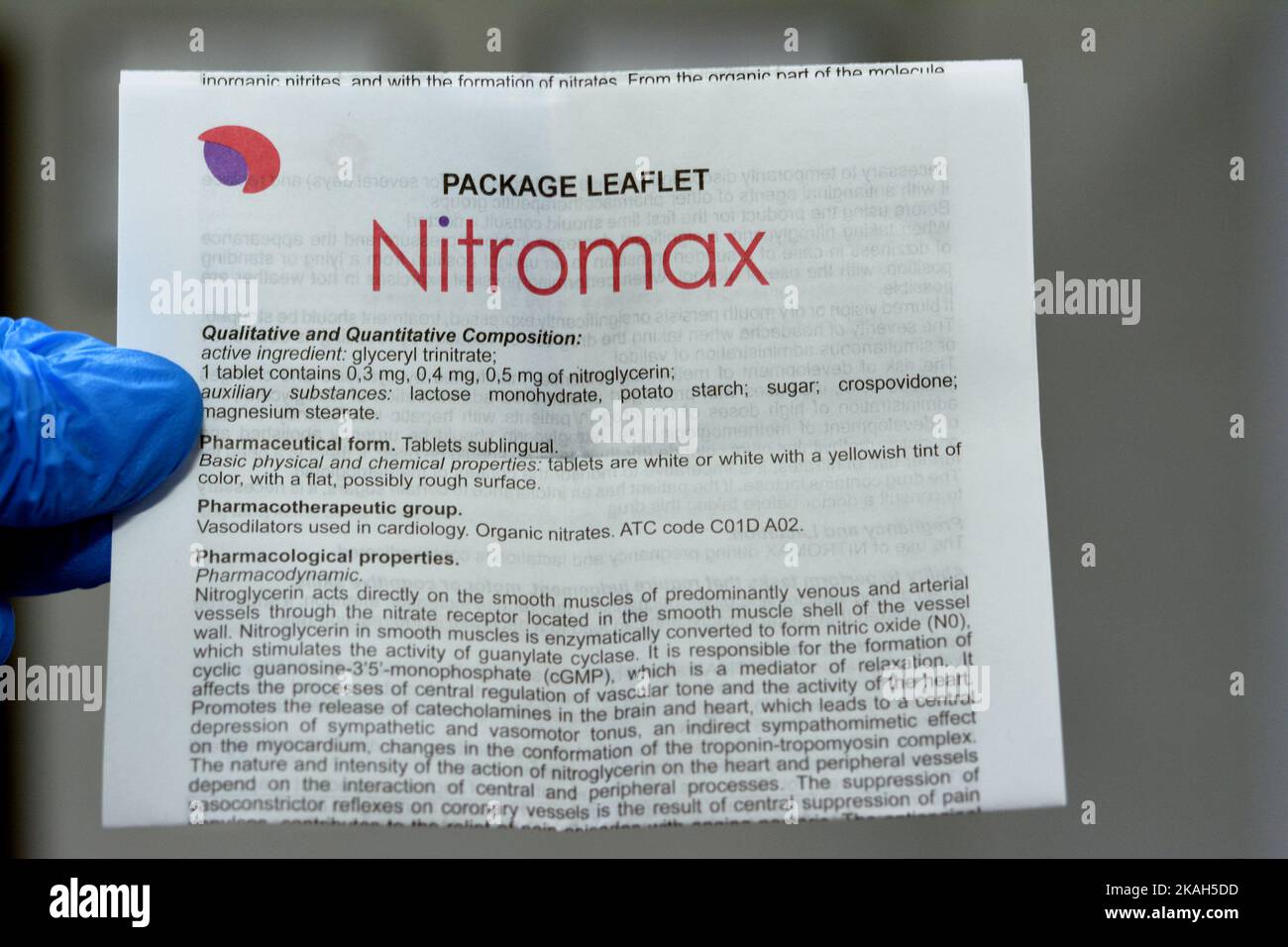Cairo, Egypt, September 13 2022: Nitromax sublingual tablets 0,5 mg with active substance nitroglycerin that is used for cupping and short-term prophy Stock Photo