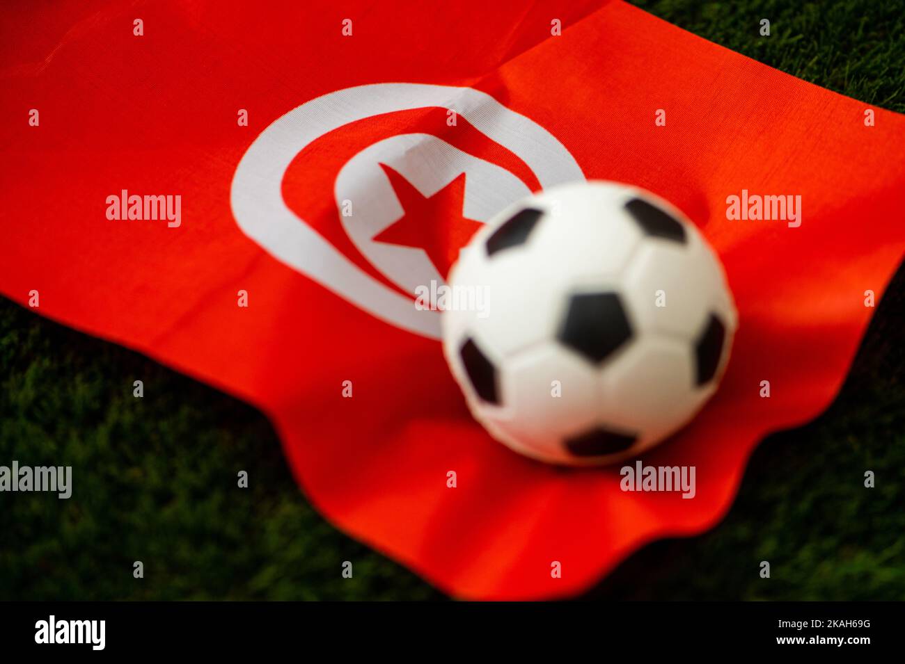 Tunisia national football team. National Flag on green grass and soccer