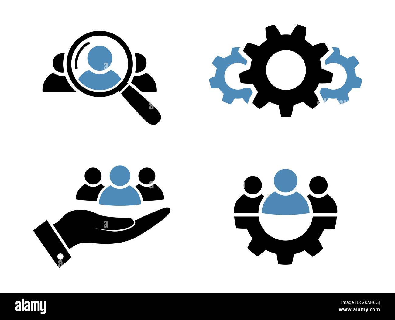 Research, customer retention, process and teamwork icon set in flat style Search man, progress, customer care and leadership symbols Black and blue bu Stock Vector