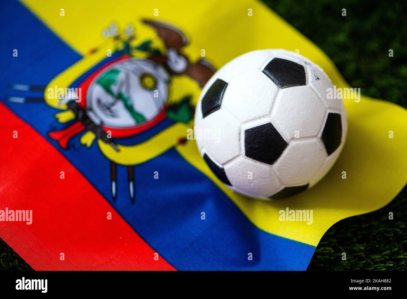 Ecuador national football team. National Flag on green grass and soccer ball. Football wallpaper for Championship and Tournament in 2022. World intern Stock Photo